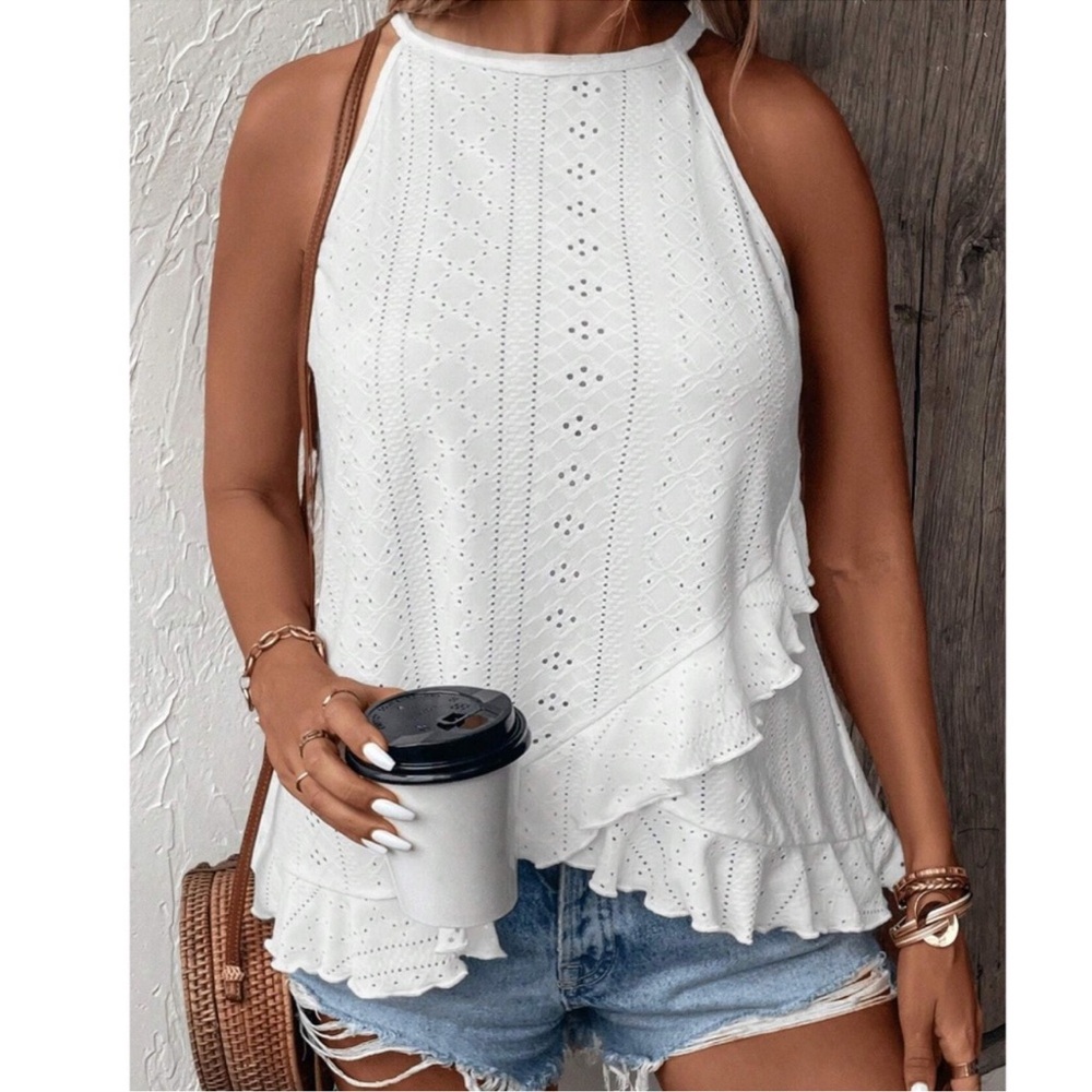 Plus White Eyelet Ruffle Detail Tank Top 1X 2X 3X 4X